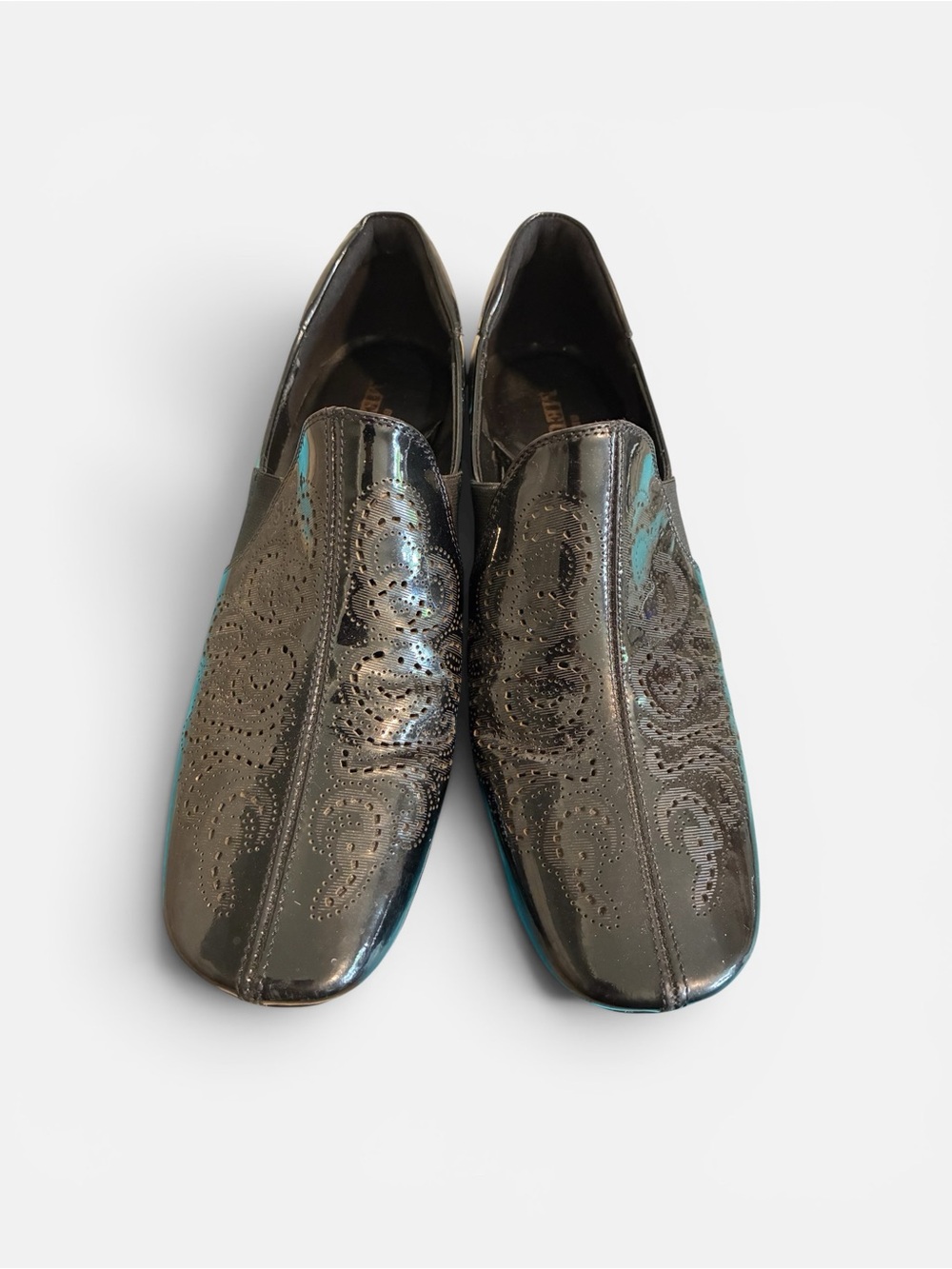 Sesto Meucci Glossy Black Loafers with Subtle Paisley Perforation